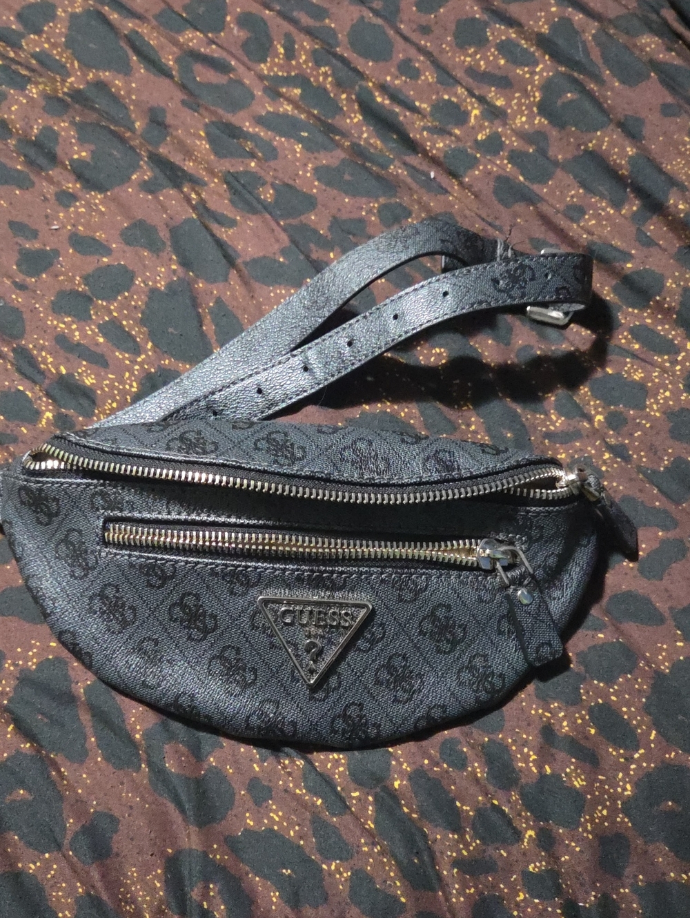 Guess Black Monogram Logo Belt Bag with Gold Zippers